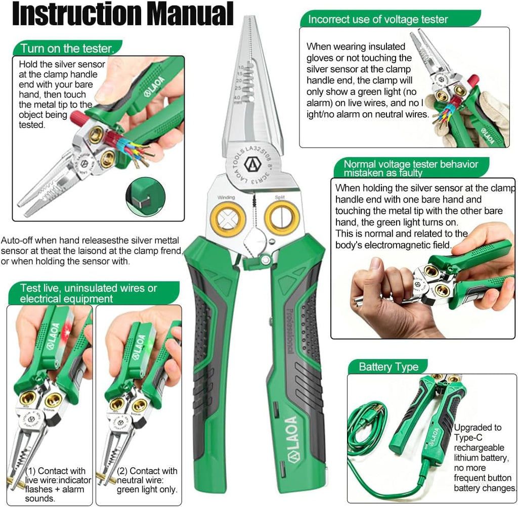 LAOA Wire Stripper Tool with Voltage Tester, 8-in-1 Electrician Pliers with Wire Cutter, Cable Splitter, Wire Puller and Crimper, USB-C Rechargeable Electrical Tool for Electricians and DIY Repairs