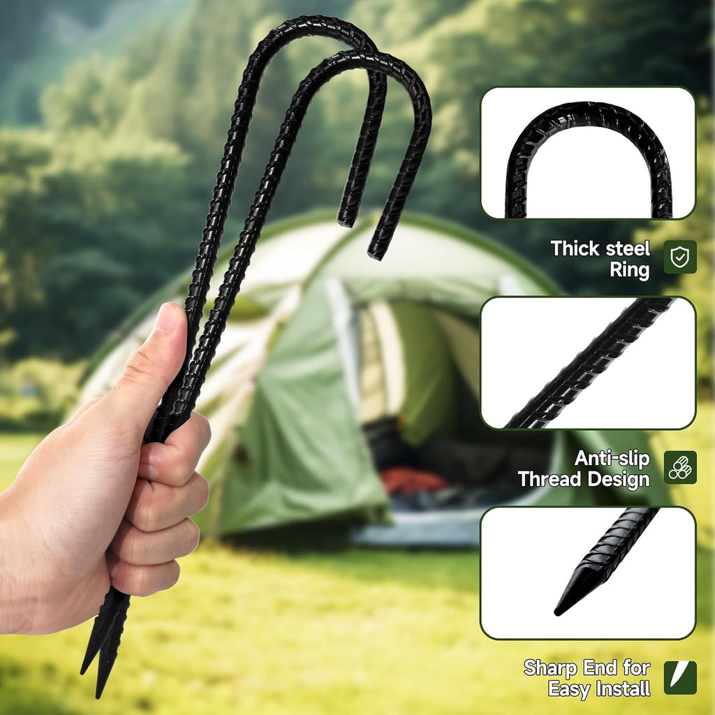 16Piece Tent Stakes Heavy Duty, 12 ’’ Rebar Stakes Ground Anchors High Wind, J Shape Galvanized Steel Trampoline Stakes for Camping Patio, Trampoline, Garden, Canopies, Outdoor (Black, J Shape)