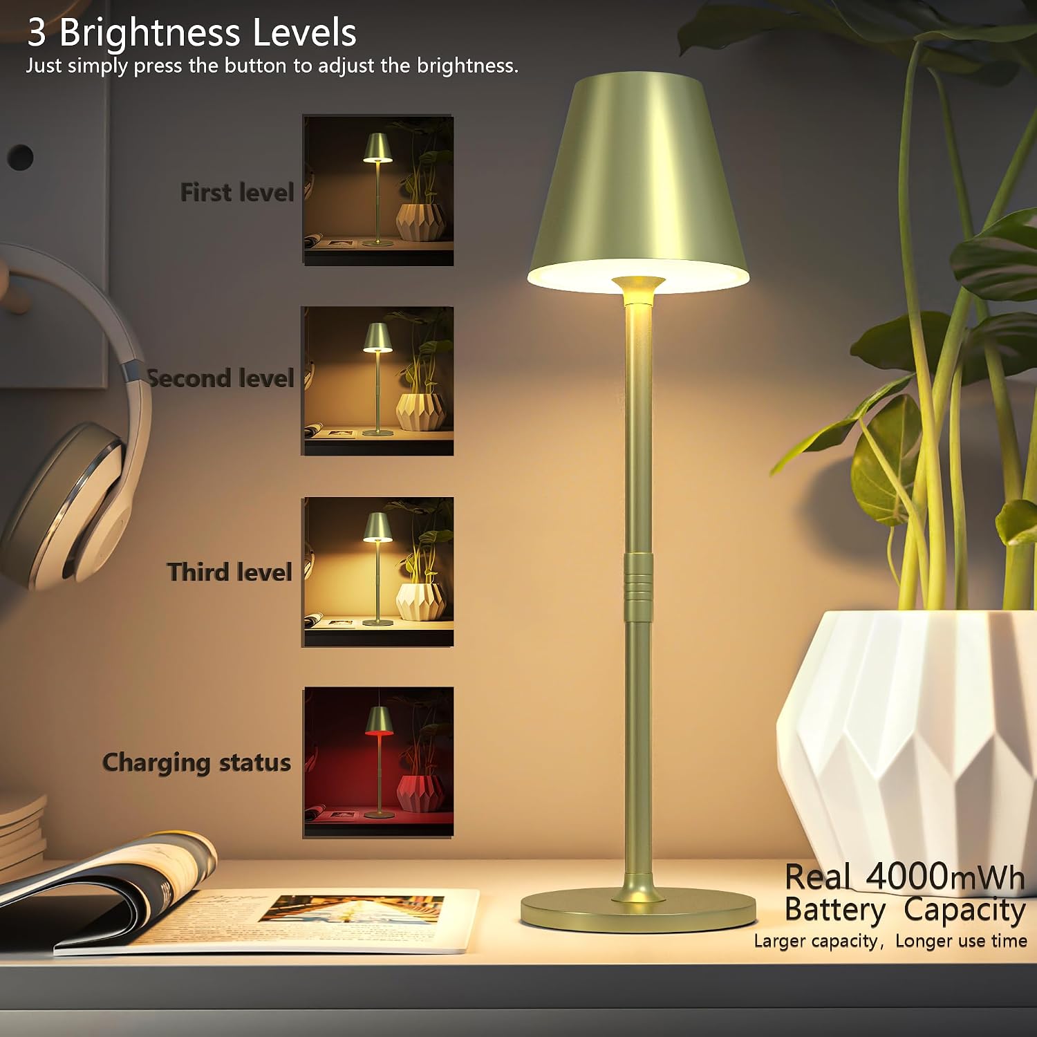 Timjorman 2-Pack Cordless Table Lamps - 5000mAh Rechargeable Battery Operated Desk Lamp, 3-Level Dimmable LED Night Light for Bedroom, Dining, Restaurant - Metal Design (Champagne Gold 2Pack)
