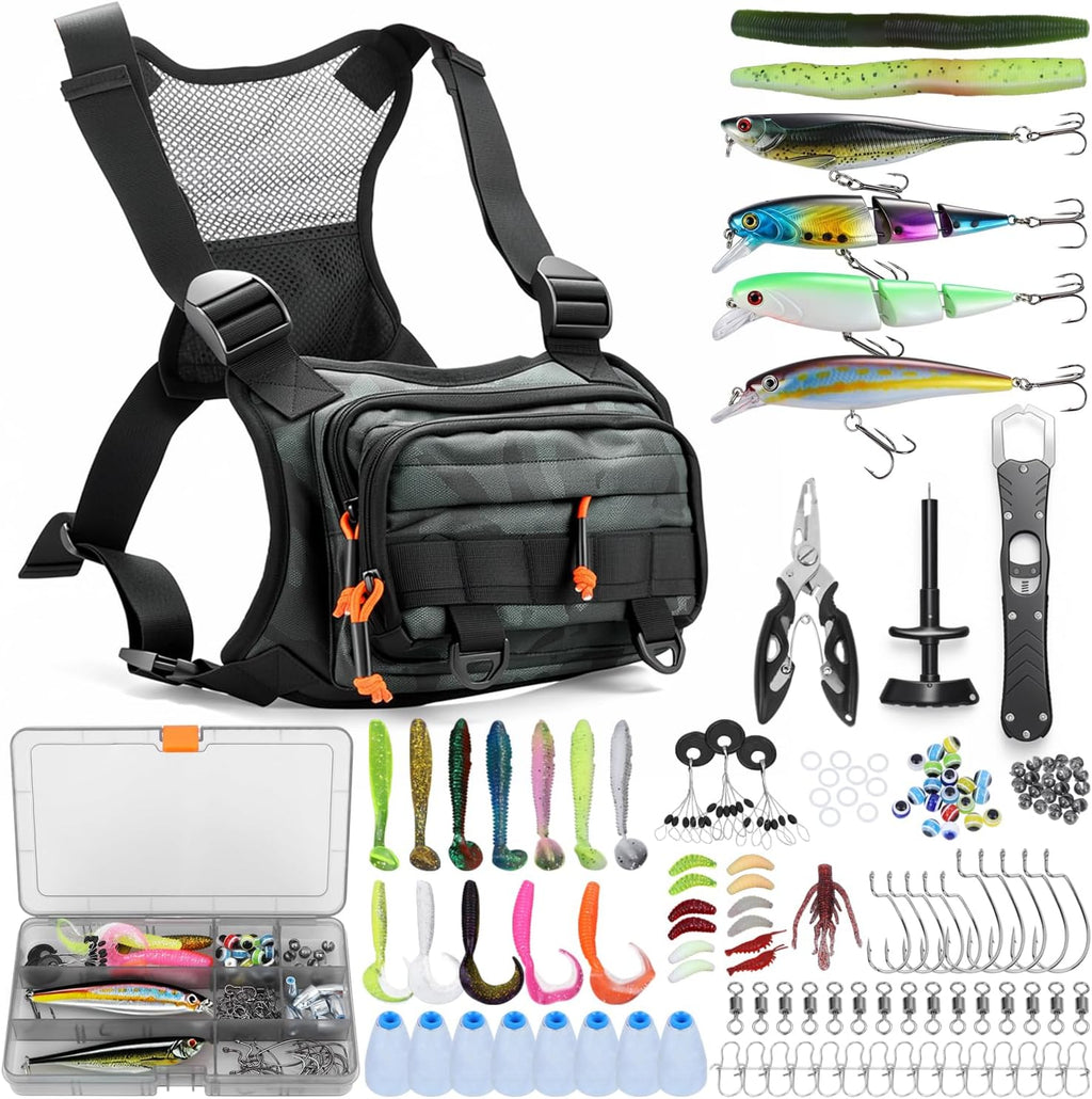 All in One Fishing Chest Pack Tackle Bag with Tackle Box, Fishing Lures Kit