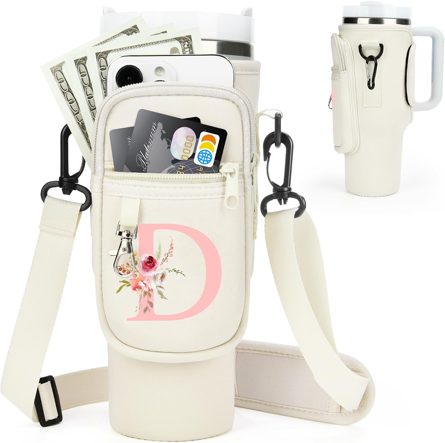 Initial Water Bottle Holder with Strap for Stanley Cup Accessories 40 oz/Simple Modern Tumbler, Birthdays for Women Girls, Water Bottle Carrier Bag with Phone Pocket,Hiking Walking Gym Camping