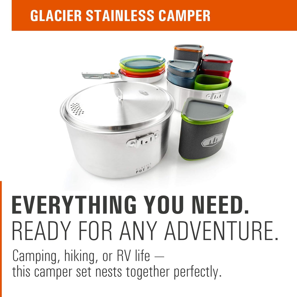 GSI Outdoors Glacier Stainless Camper 4 Person Packable Cookware & Dinnerware Set for Camping or Backpacking