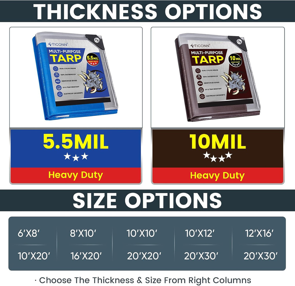 TICONN Heavy Duty Tarp Cover Waterproof, Extra Thick UV Resistant Tarpaulin