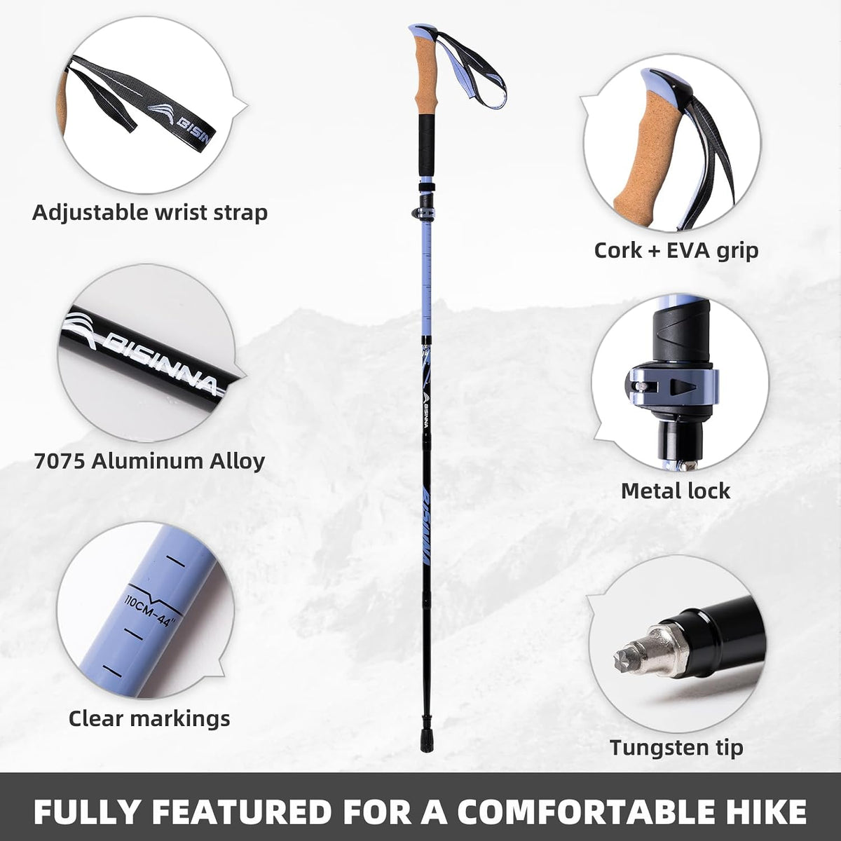 BISINNA Collapsible Ultralight Trekking Poles for Hiking 2pc 7075 Aluminum