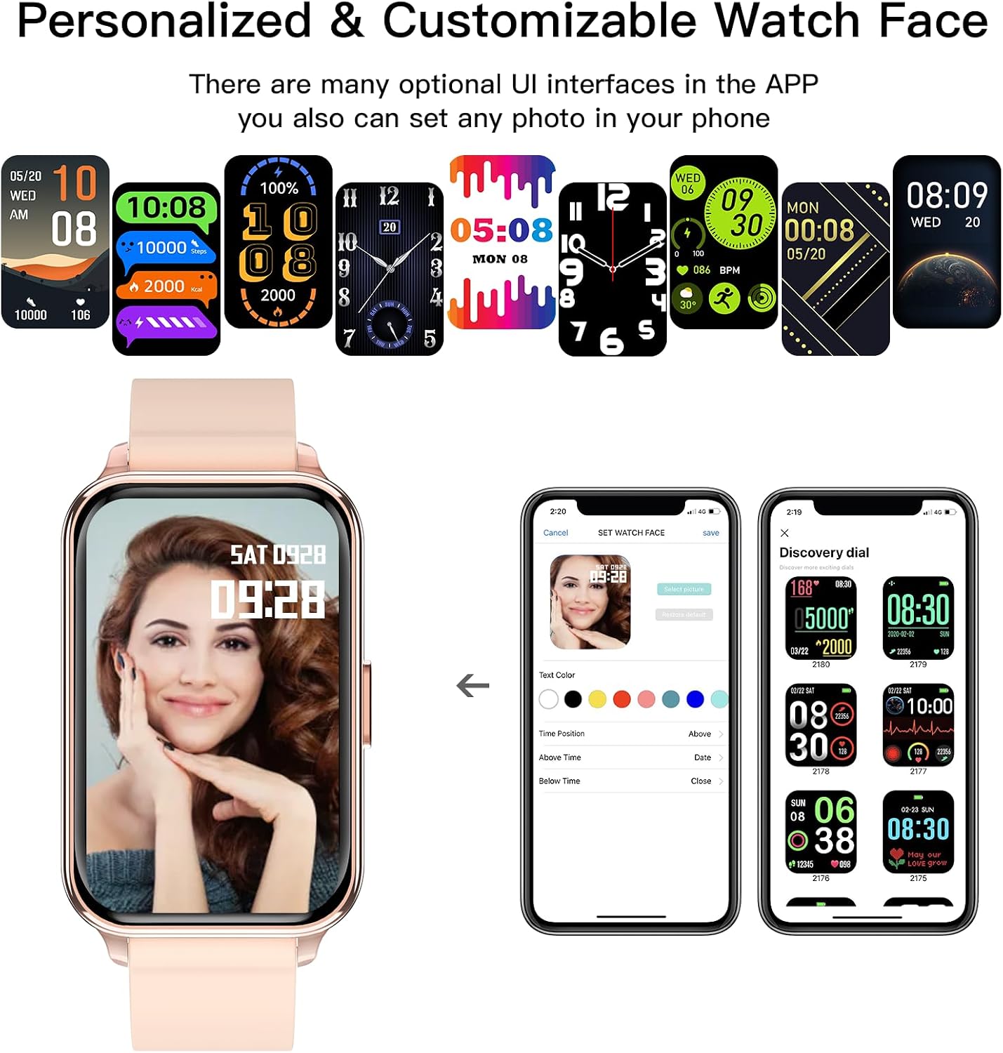 Smart Watch Fitness Tracker Make/Answer calls for Women Men with Heart Rate Blood Oxygen Sleep Monitor Sports Modes Step Calorie Counter IP68 Waterproof for Android Phones iPhone (Rectangle, Pink)