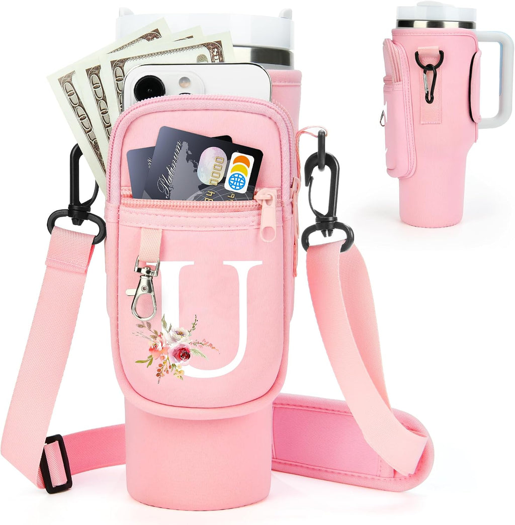 Initial Water Bottle Holder with Strap for Stanley Cup Accessories 40 oz/Simple Modern Tumbler, Birthdays for Women Girls, Water Bottle Carrier Bag with Phone Pocket,Hiking Walking Gym Camping