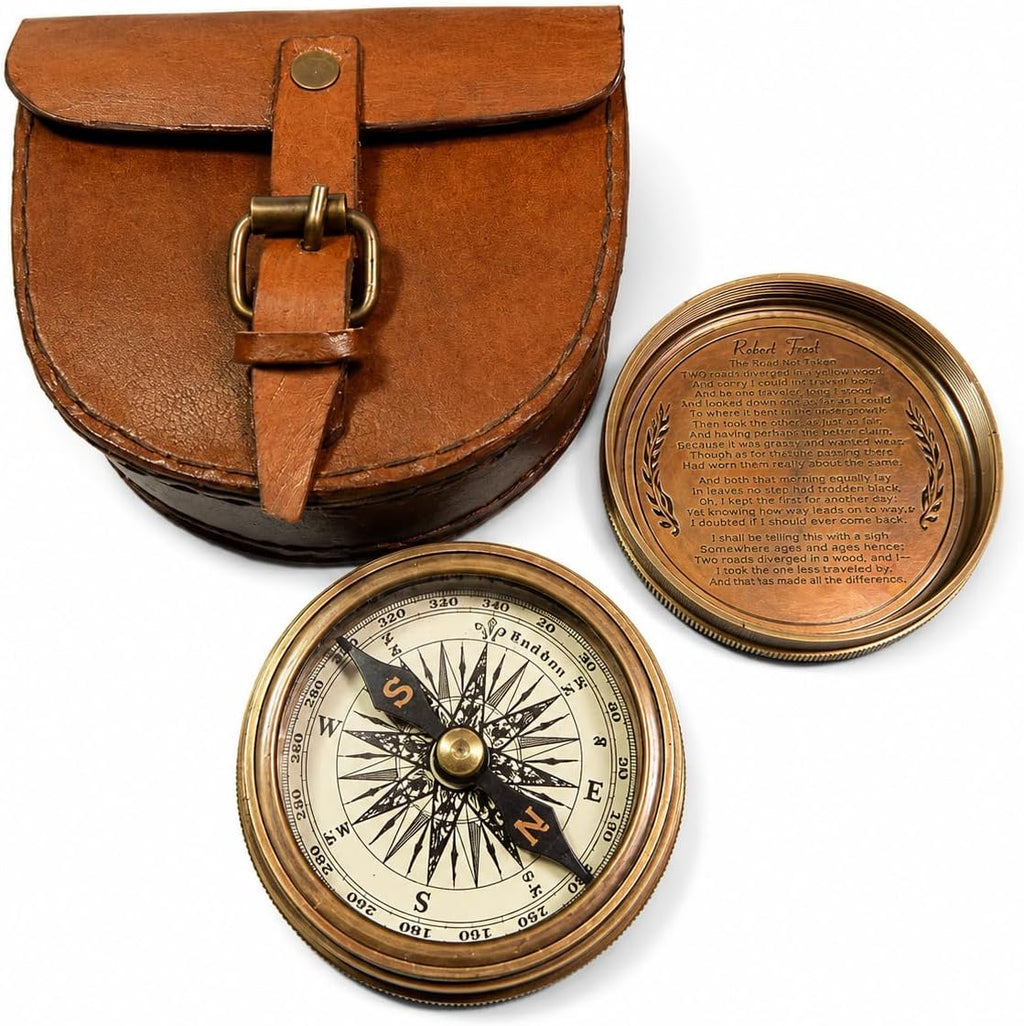Authentic Vintage Style Brass Pocket Compass with Leather Case Rustic Vintage Home Decor Gifts