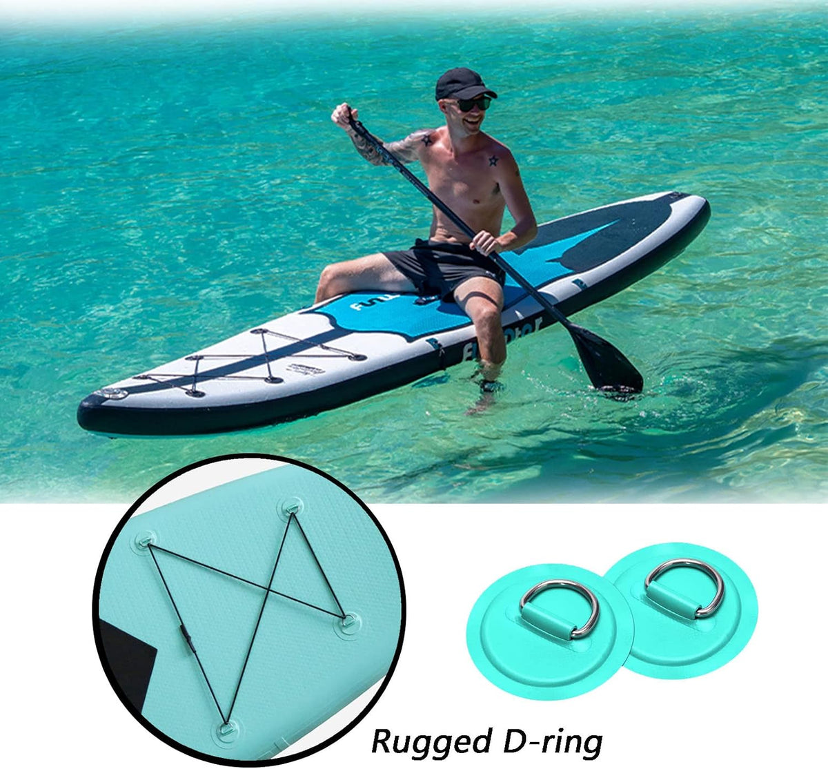 LOOEEL 6 Pack Stainless Steel D-Ring Circular Patch for PVC Inflatable Boat Kayak SUP Canoe Deck Surfboard Accessories,NO Glue Include.-Cyan