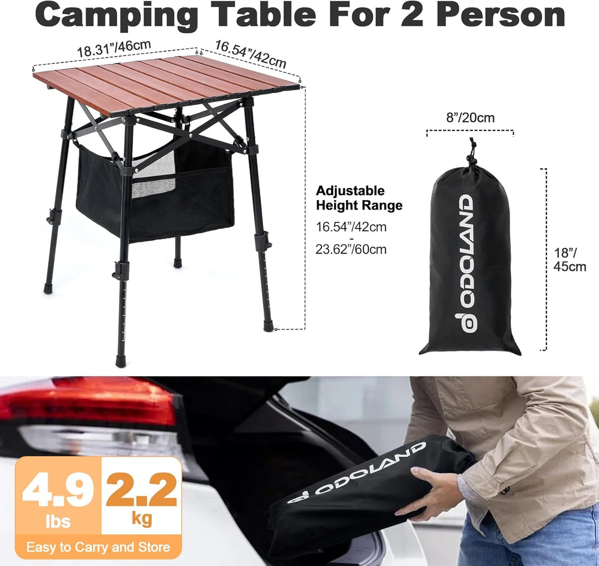 Odoland Portable Camping Table, Folding for Beach Outdoor Adjustable Height