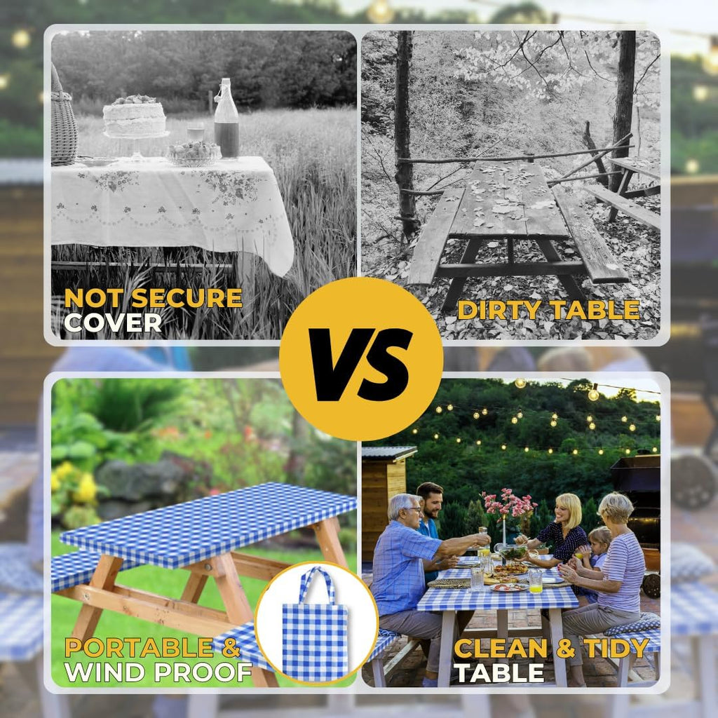 Vinyl Fitted Picnic Table Cover with Bench Covers & Blue 6ft Blue Checkered