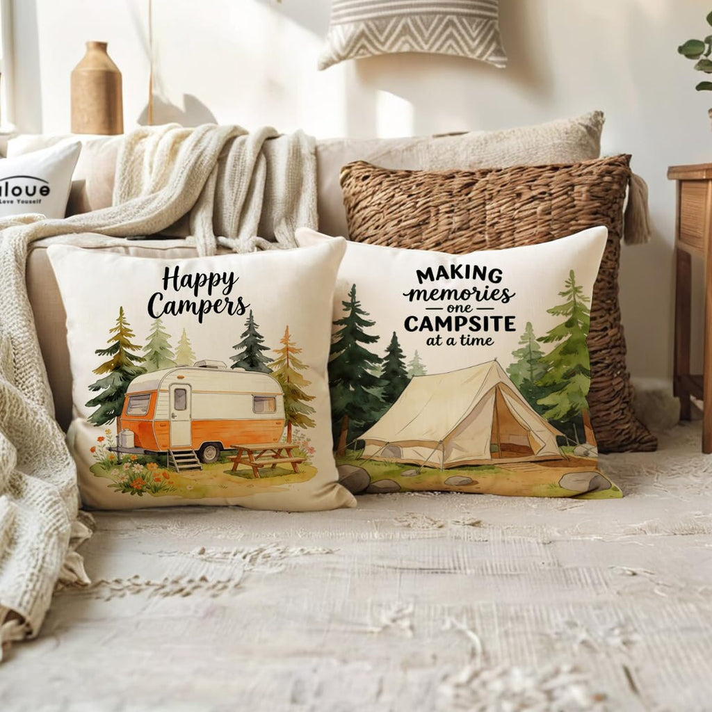ULOVE LOVE YOURSELF Camping Throw Pillow Covers 4Pack Outdoor Campfire Adventure Decorative Pillowcases Happy Campers Cushion Covers 18 X 18 Inch for Camper, Cabin Home Decor (Brown-Orange)
