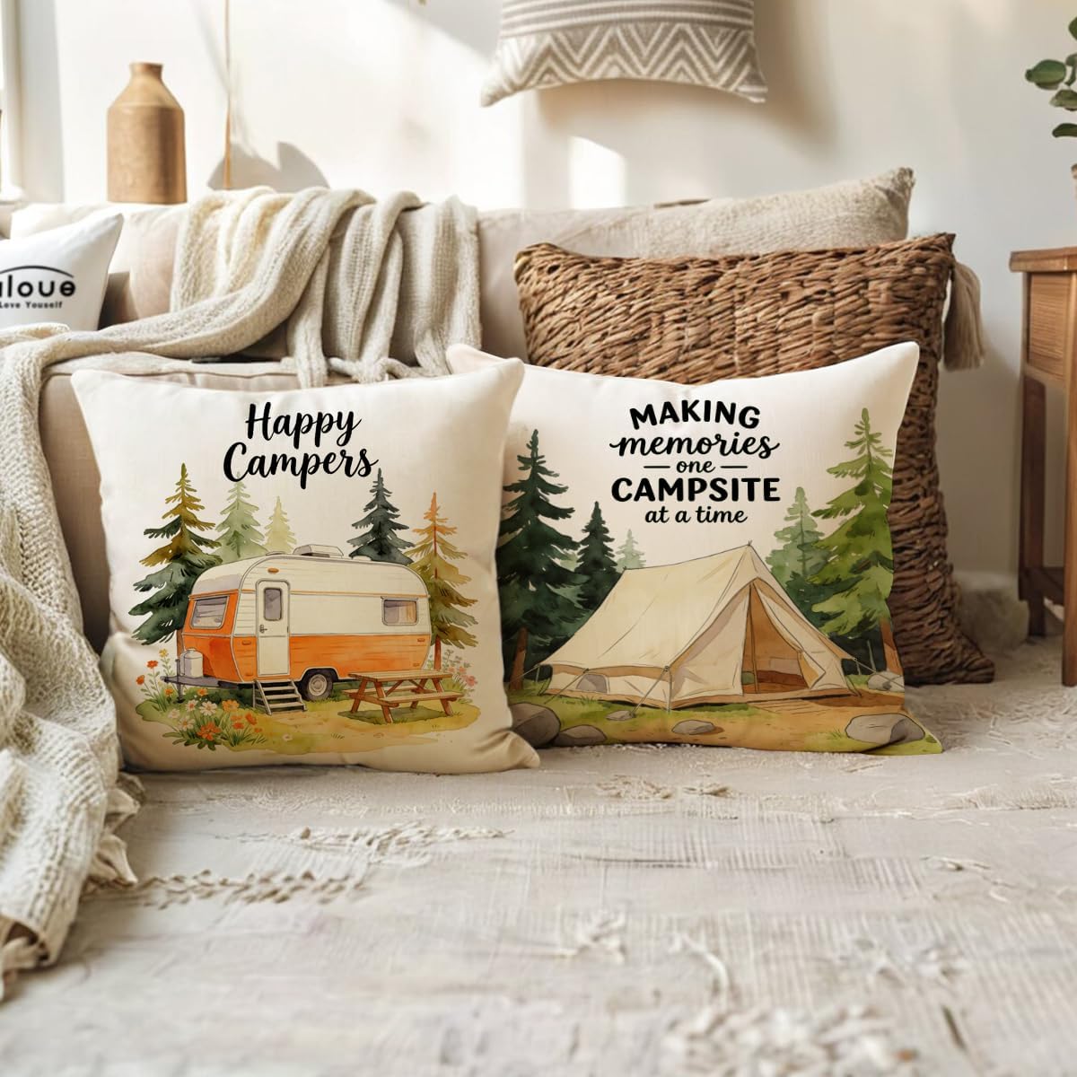 ULOVE LOVE YOURSELF Camping Throw Pillow Covers 4Pack Outdoor Campfire Adventure Decorative Pillowcases Happy Campers Cushion Covers 18 X 18 Inch for Camper, Cabin Home Decor (Brown-Orange)