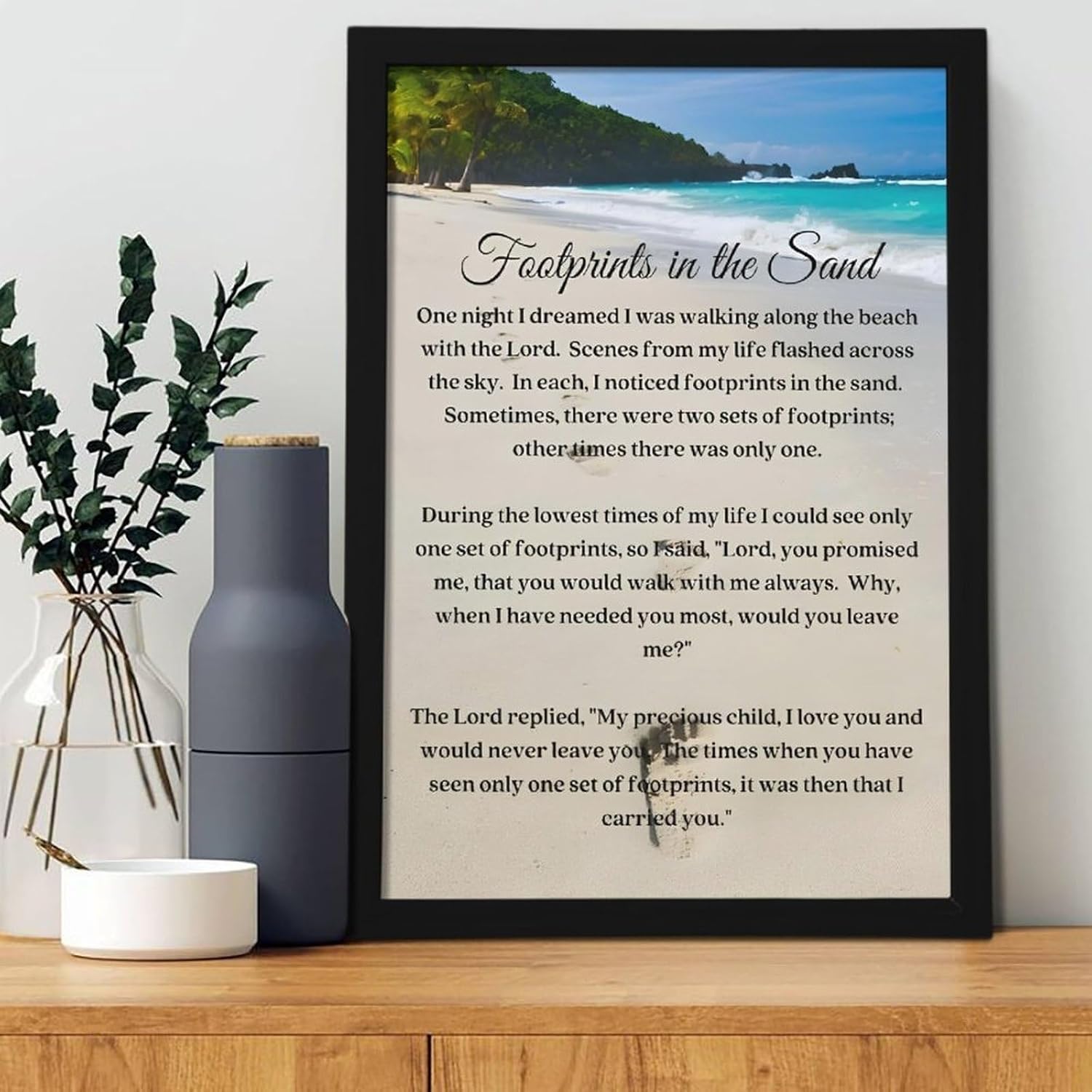 Footprints in the Sand Religious Canvas Wall Art Posters, Inspirational Beach Sunset Poem Print Poster (Black Framed 12x18inch, Footprints(4))