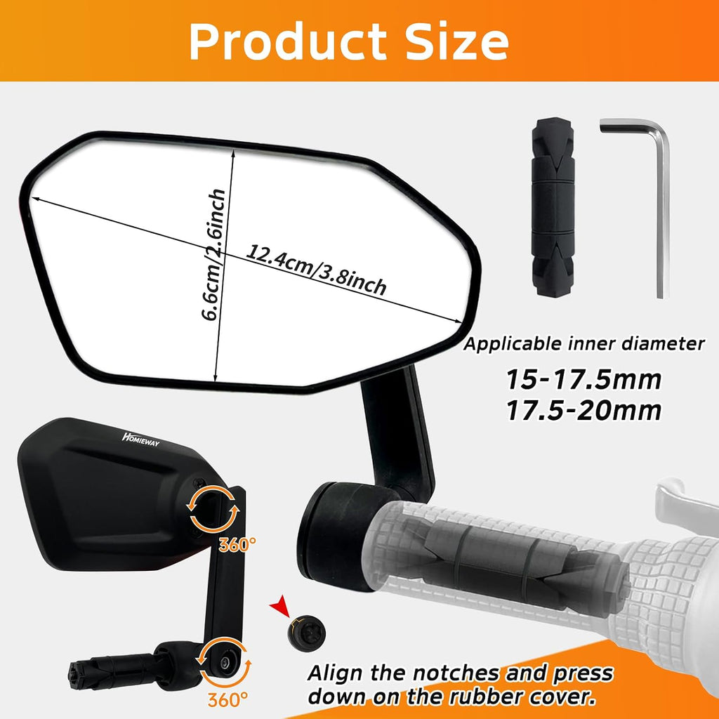 Bike Mirror, Adjustable Bicycle Mirror Handlebar Mount, Scratch Resistant HD Glass Lens, Large Bar End Rear View Mirror for E-bike, Mountain Bike, City Bikes & Scooter (Left 0.59-0.78")