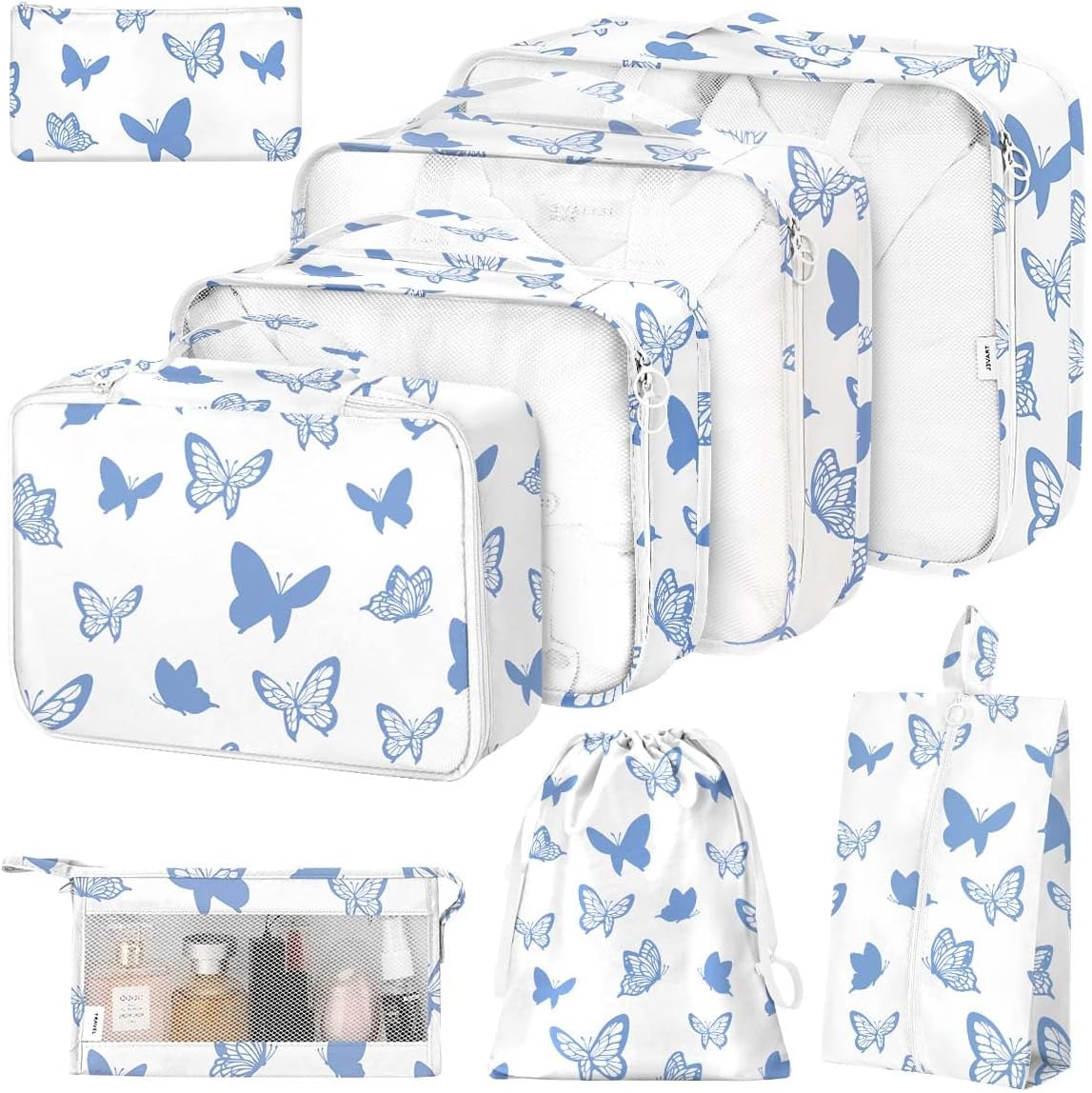 8 Set Packing Cubes for Suitcases,Packing Cube with Shoe, Cosmetics, Clothing, and Accessories Bags Packing Cubes for Travel Luggage Organizer Women Men(Blue Flowers)