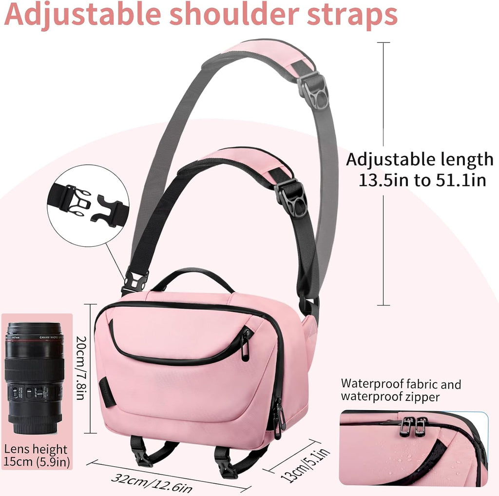 TAAOKA Camera Sling Bag,Waterproof Camera Case with Tripod Holder,Lightweight DSLR/SLR/Mirrorless Camera Bags Crossbody for photographers-Pink