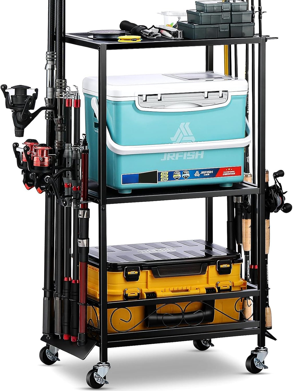 EXTCCT Fishing Rod Holder, Rolling 16 Pole Rack Cart for Garage, Brown