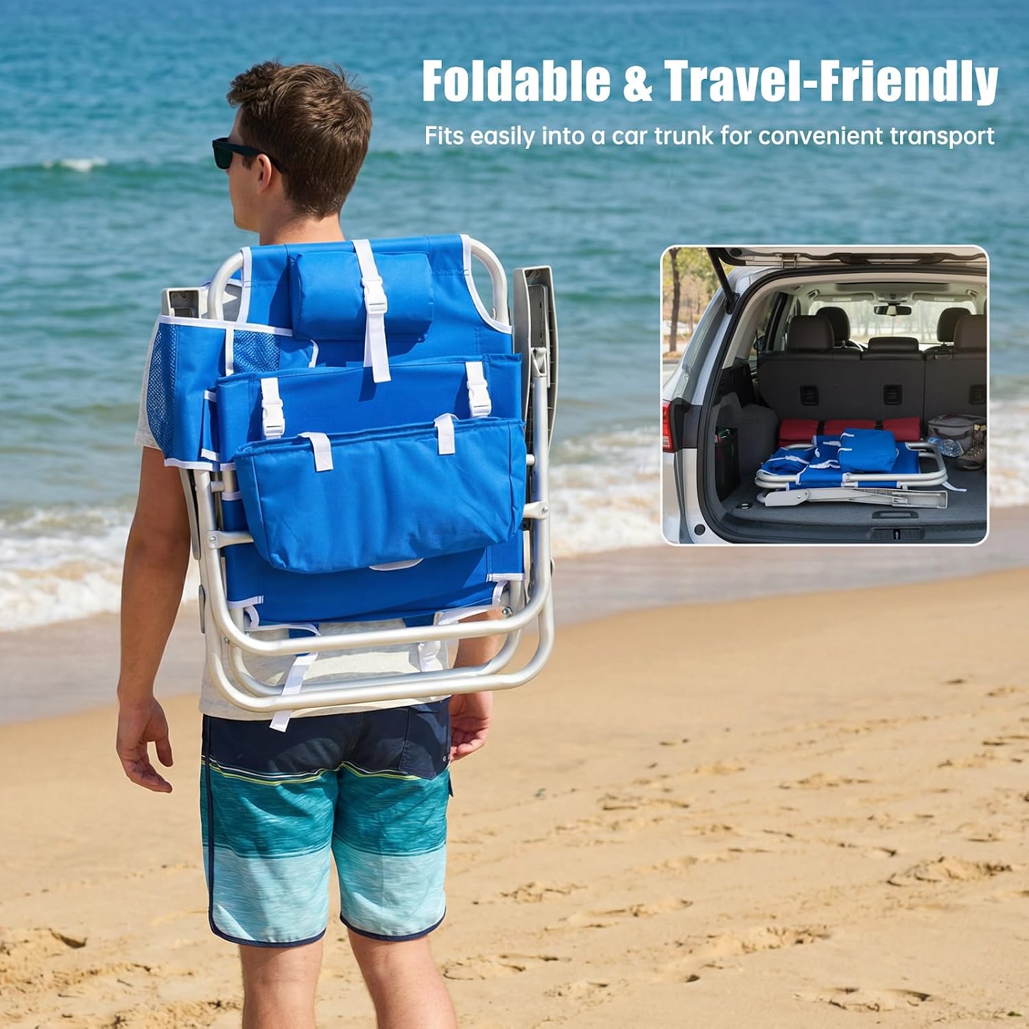 SUNNYFEEL Low Beach Chair, 5-Position Lay Flat Reclining Backpack Chair with Cooler Bag & Cup Holder, Portable Folding Beach Chair for Adults, Heavy Duty 350 LBS, Blue