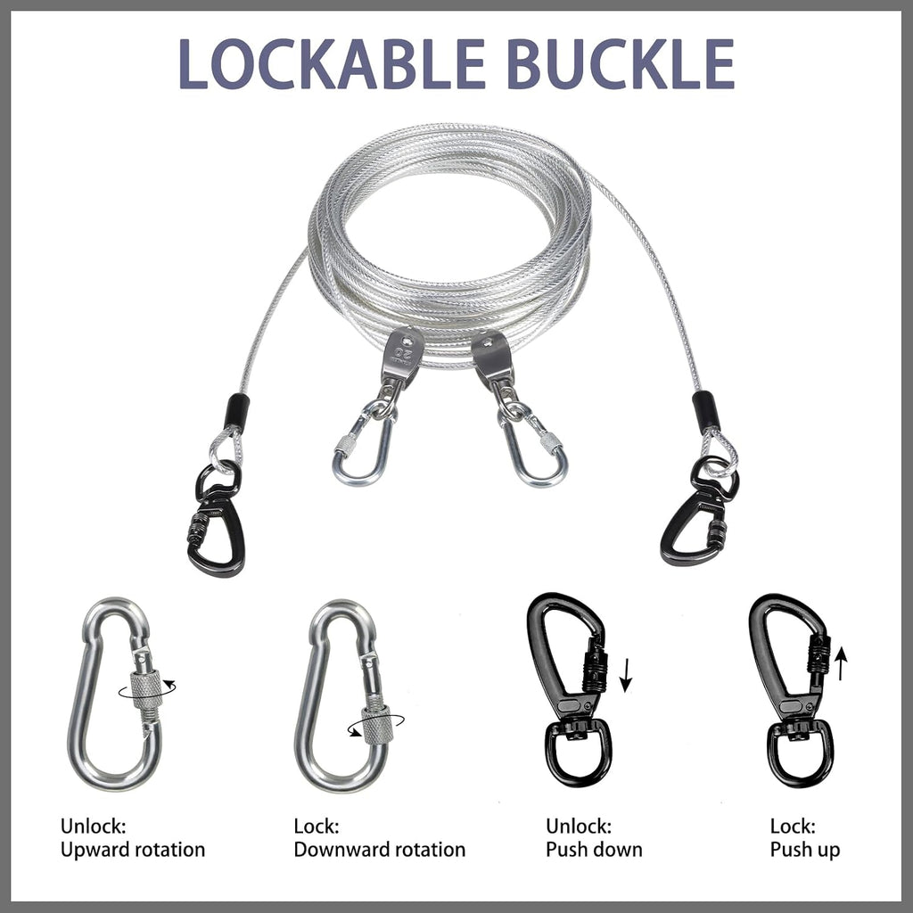 PAWCHIE Dog Tie Out Cable for Camping - 50ft Portable Overhead Trolley System for Dogs up to 200lbs, Heavy Duty Reflective Steel Wire Dog Runner for Yard, Parks, Outdoor Events
