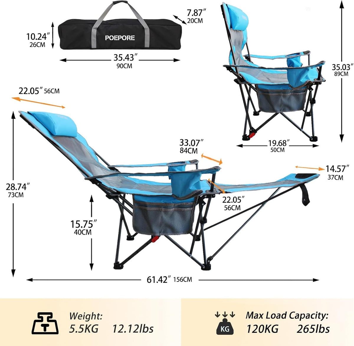 Reclining Camping Chair with Removable Footrest Lounge Chair with Headrest, Cotton Cushion, Portable Adjustable Folding Chairs