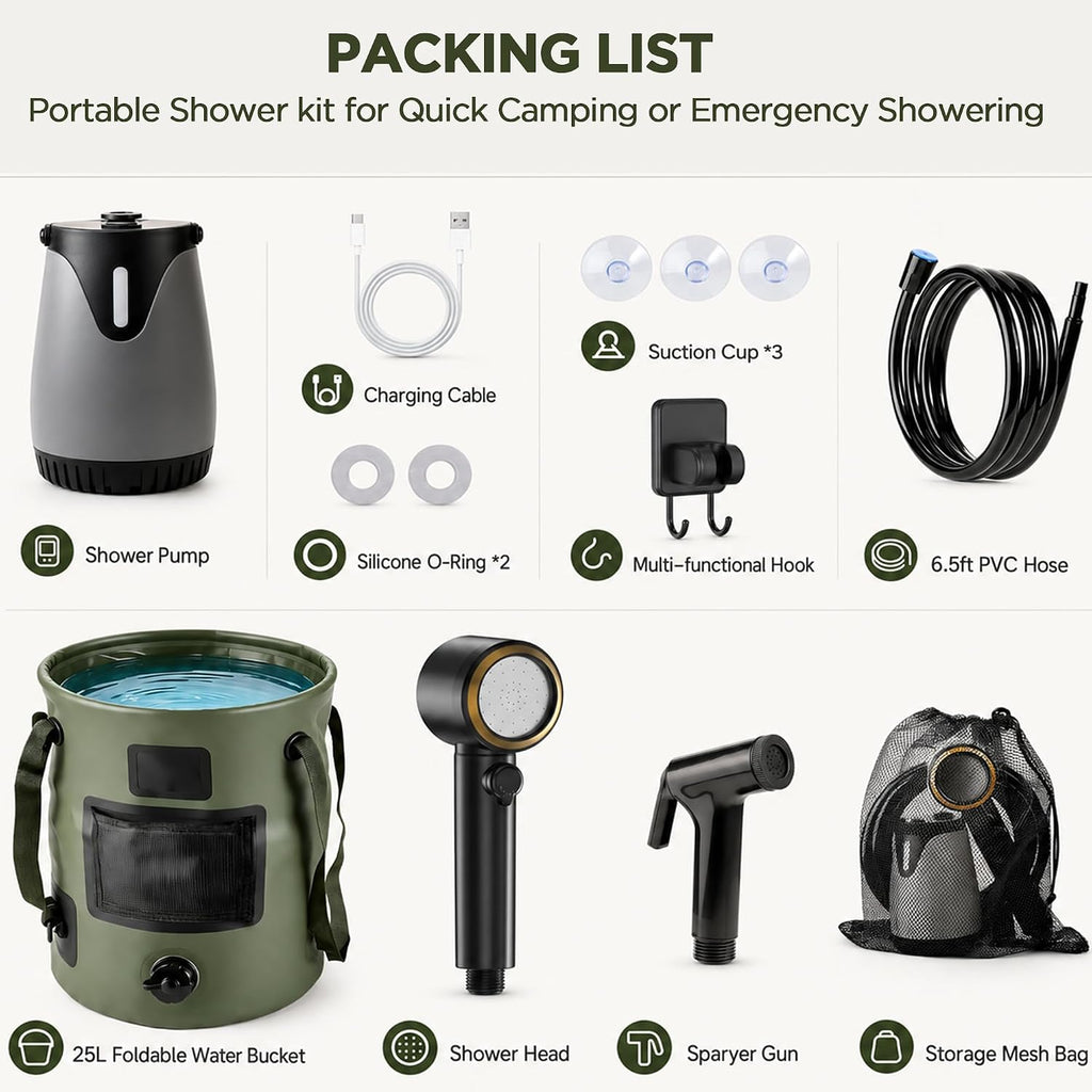 Portable Shower for Camping, 8000mAh Rechargeable Pump with LED Temperature & Battery Display, 25L Collapsible Bucket, 5 Levels Spray, IPX8 Waterproof, USB-C Charging, Camp Shower for Indoor Outdoor