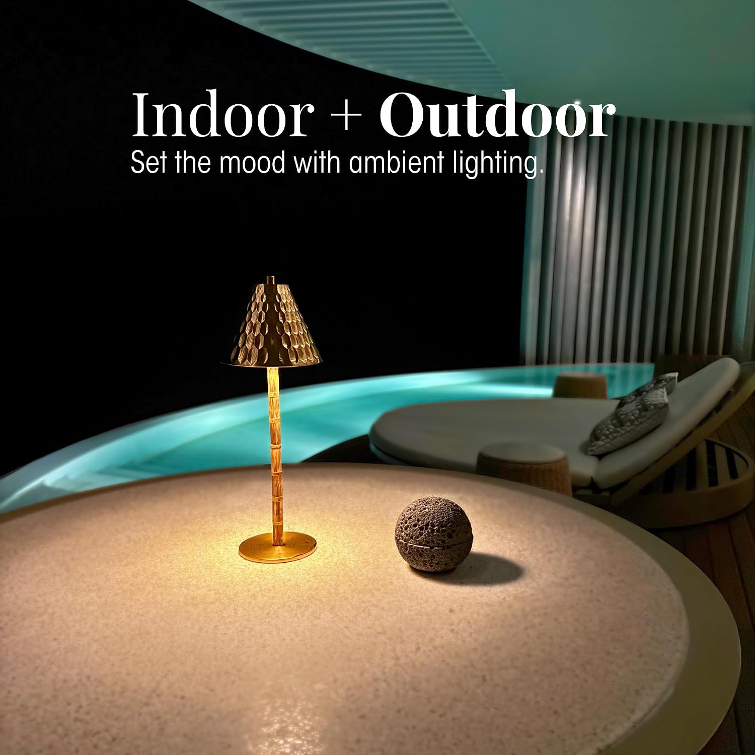 Bamboo Cordless LED Table Lamp – Rechargeable 24-Hour Battery, Dimmable Warm Light, Portable Wireless Lamp with Remote for Indoor/Outdoor Use, Home, Patio, Restaurant – (TEXTURED GOLD), 14.76" Tall