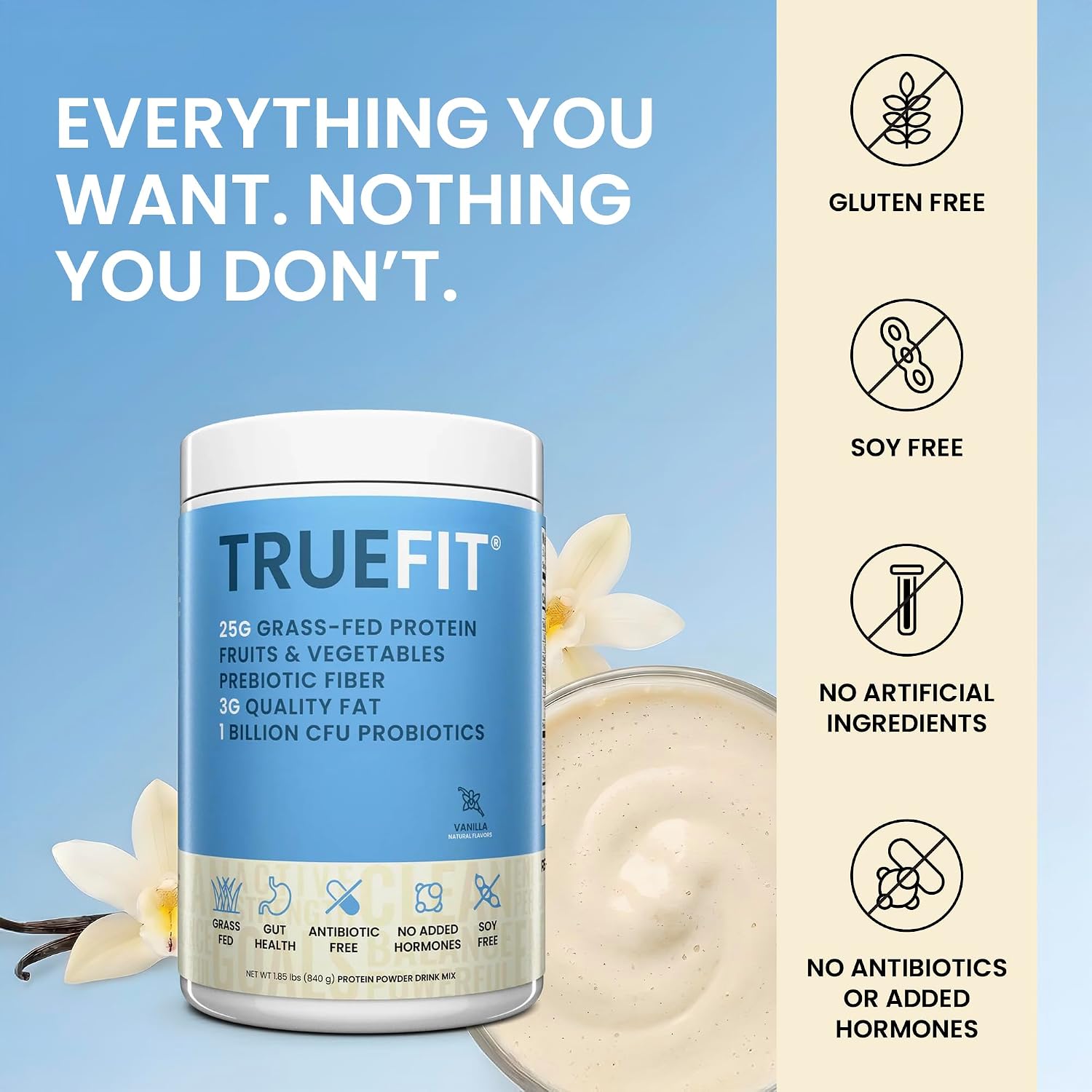 TrueFit Grass-Fed Whey Protein Powder with Fiber for Meal Replacement Shake