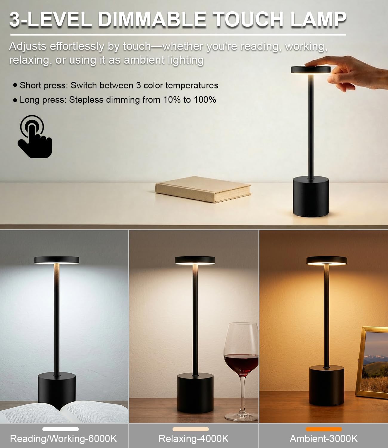 Cordless Table Lamp Set of 2, Rechargeable 5000mAh Battery Operated Outdoor Table Lamps, Portable LED Desk Lamp, 3 Color Dimmable Table Light for Restaurant, Patio, Bedroom, Bedside Night Lamp(Black)