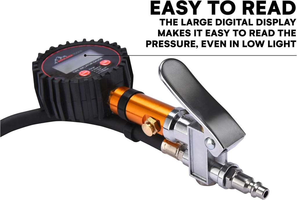 Boulder Tools Tire Pressure Gauge with Inflator - Digital Tire Pressure Gauge, 0-250 PSI Heavy Duty Tire Inflator Gauge with Air Chuck Lock & Bleed Valve, Air Compressor Accessories