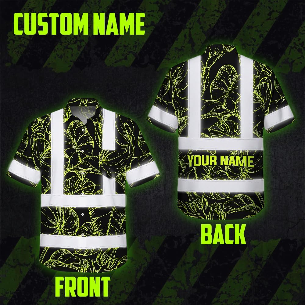 High Visibility Hawaiian Shirt for Men Tropical Shirts Custom Name Floral Outfit Reflective Safety Workwear