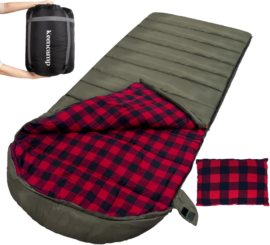 Keencamp 0 Degree Sleeping Bag Cotton Flannel Winter Cold Weather for Adults XXL Sleeping Bag 4 Season Big and Tall with Pillow Compression Sack