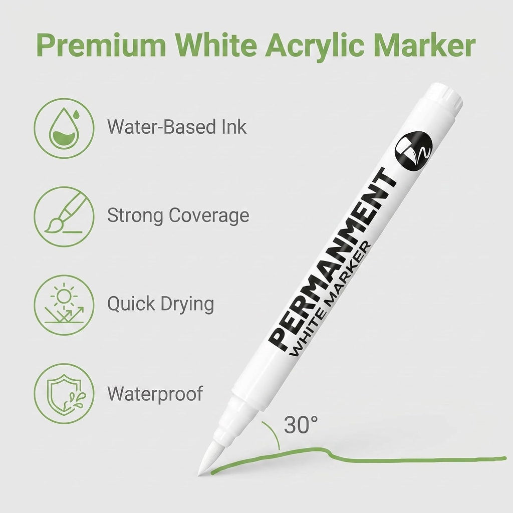 9Pcs White Acrylic Paint Brush Pens Christmas Decorations Permanent Marker Painting Coloring Pens Art Marker for Clothes Tire Wood Rocks Metal Canvas Plastic Ceramic Glass Scrapbook for Adults