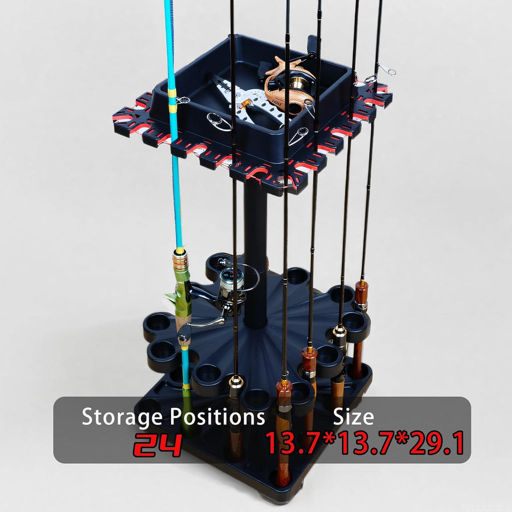 Freestanding Rotating Fishing Rod Rack – No-Drill Lure Rod Stand, Home Display Organizer, Tool-Free Assembly, Holds up to 24 Rods, (With Rolling Wheels)