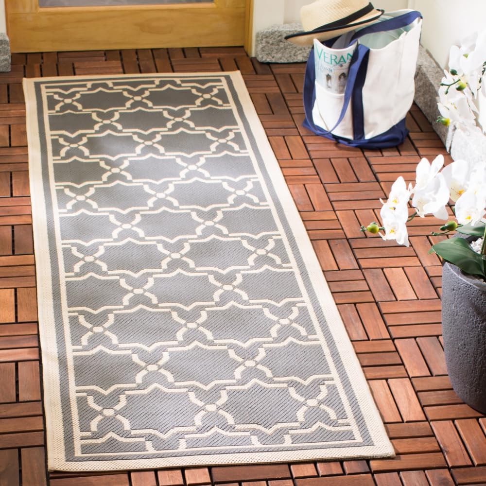 SAFAVIEH Washable Rug Outdoor Courtyard Collection - 2'3" x 6'7" Runner, Anthracite & Beige, Non-Shedding & Easy Cleaning, Ideal for Patio, Entryway, Mudroom, Hallway, Kitchen (CY6916-246)
