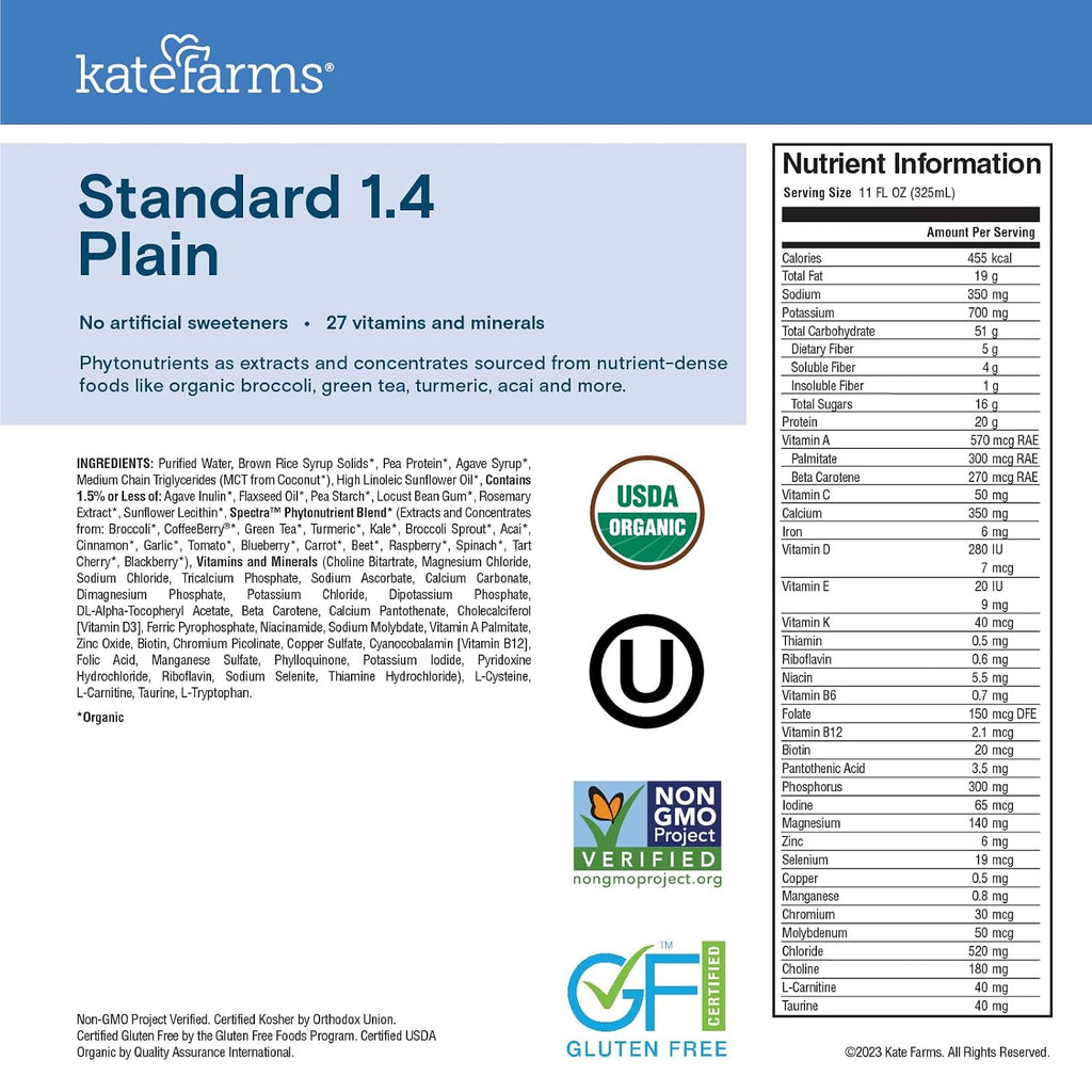 KATE FARMS Organic 1.4 High Calorie Shake, Plain, 20g Protein, 12 Pack