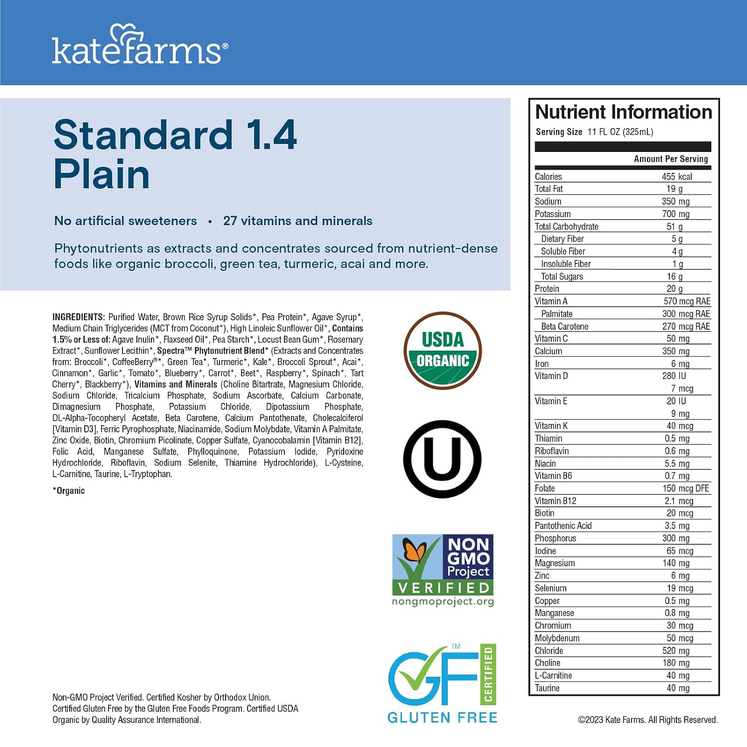 KATE FARMS Organic 1.4 High Calorie Shake, Plain, 20g Protein, 12 Pack