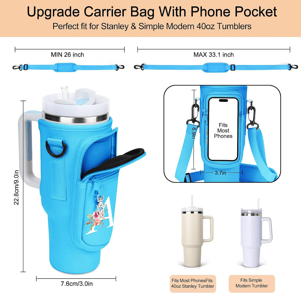 Initial Water Bottle Holder with Strap for Stanley Cup Accessories 40 oz/Simple Modern Tumbler, Birthdays for Women Girls, Water Bottle Carrier Bag with Phone Pocket,Hiking Walking Gym Camping