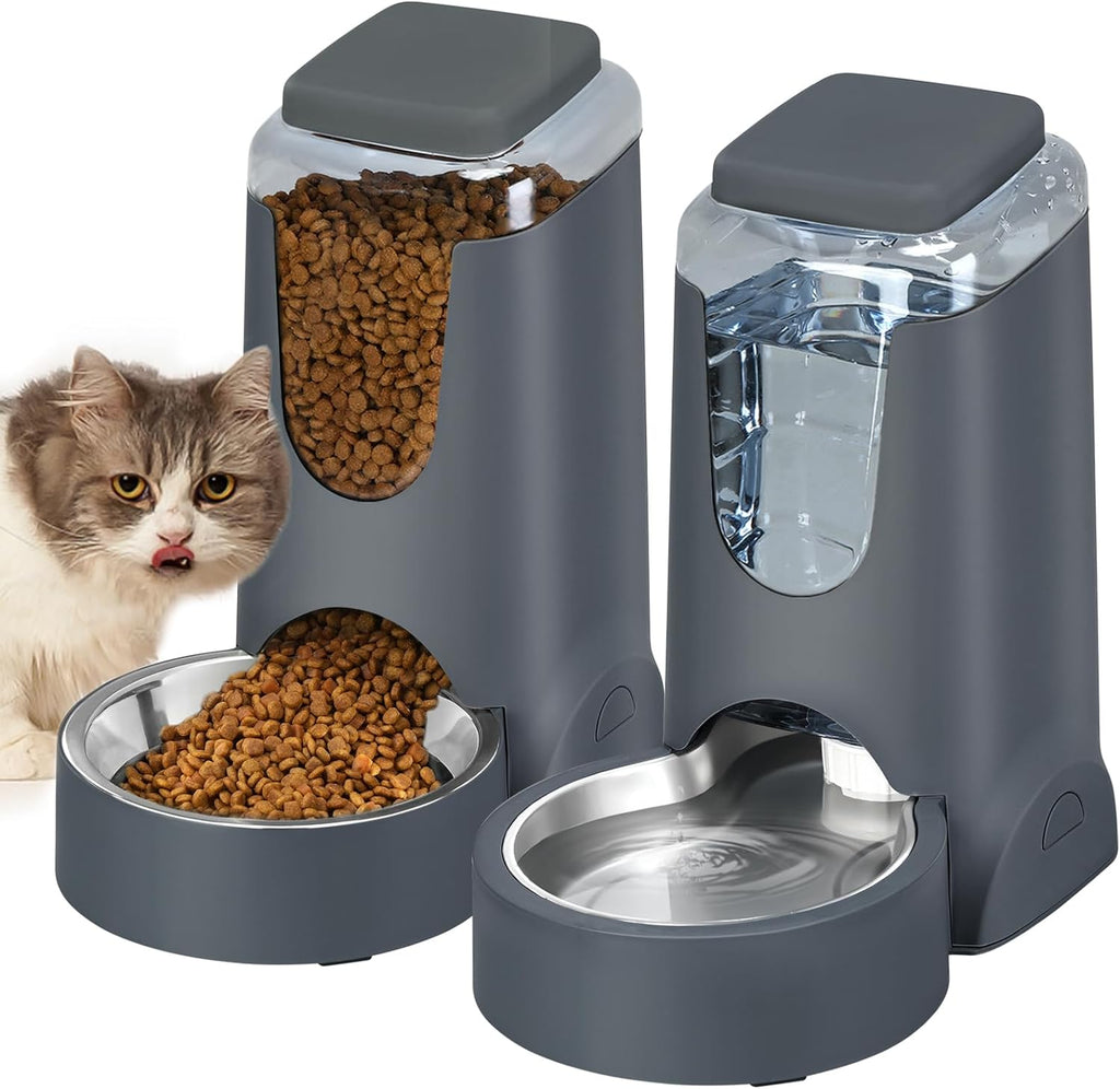 HWONMTE Portable Automatic Cat Feeder and Water Dispenser with Stainless Steel Bowl Dog Gravity Food Feeder and Waterer for Small Medium Pets Puppy Kitten 1 Gallon x 2 (Orange)