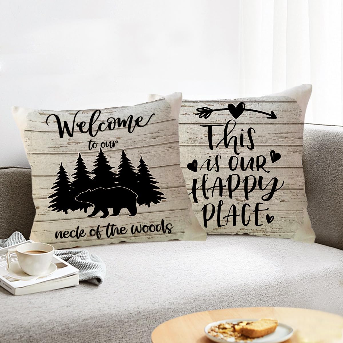 Lake Camper Throw Pillow Covers 18 x 18 Inch This is Our Happy Place Quote Cushion Covers Bear Woods Sunshine Camping/Cabin Farmhouse Rustic Decorative Pillowcases 4Pack for Sofa Couch Porch