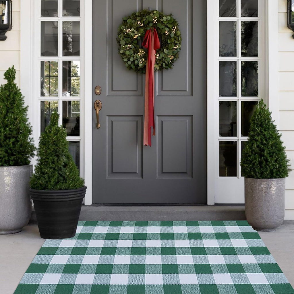 CAINANEL Green and White Buffalo Plaid Outdoor Rug Spring Door Mat Layering Rug Welcome Doormats for Spring Easter Farmhouse Entrance Porch Outdoors Decor