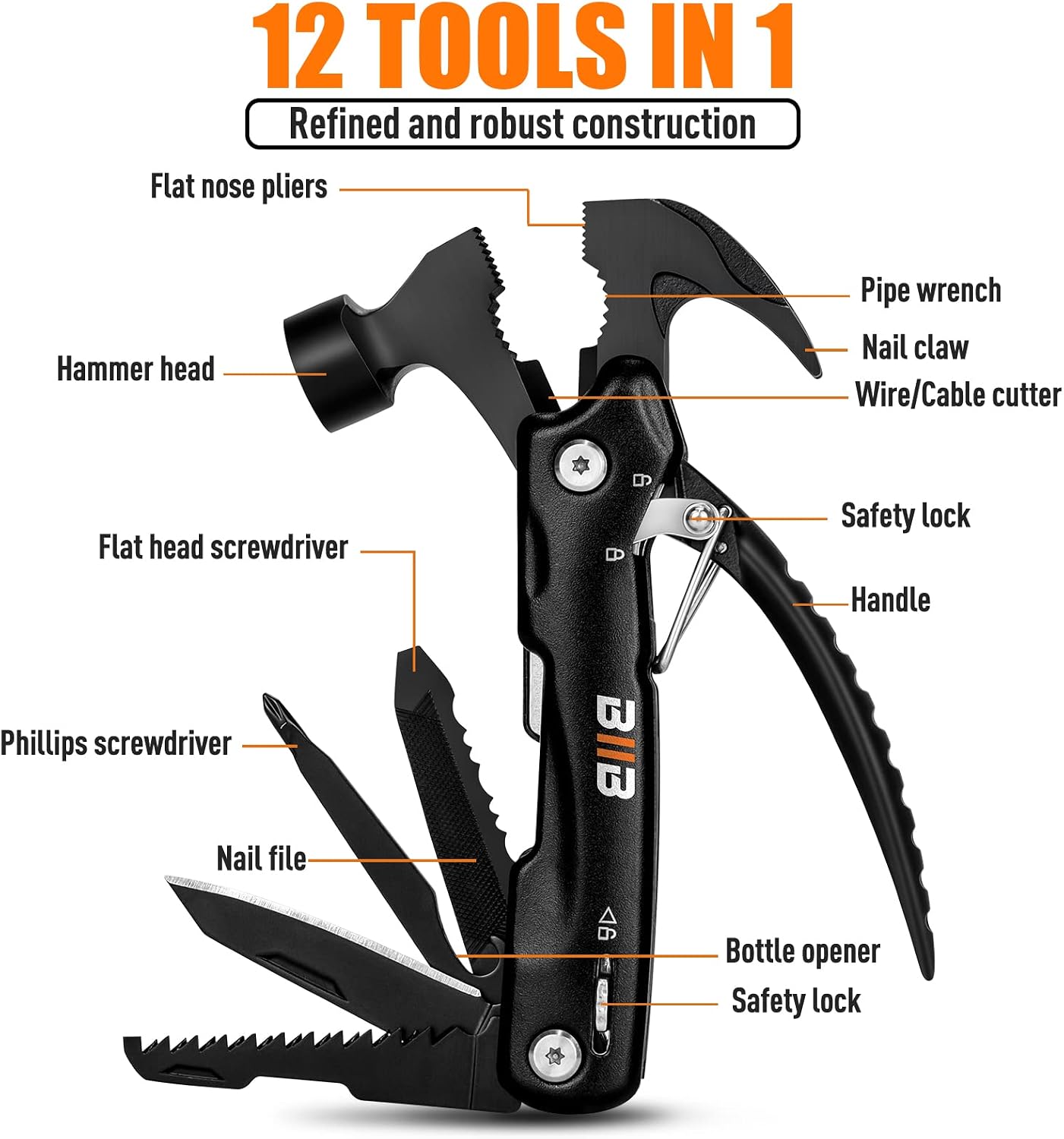 BIIB Gifts for Men, 12 in 1 Hammer Multitool, Stocking Stuffers for Men
