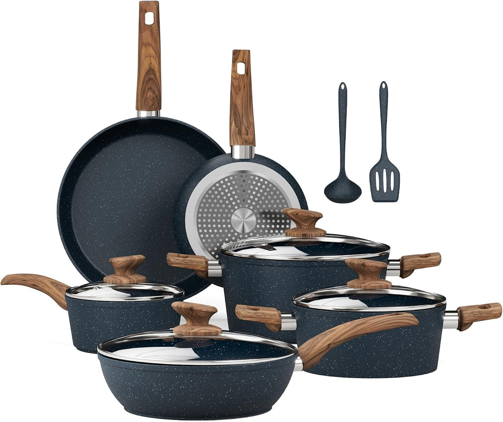 Kitchen Academy Induction Pots and Pans Set Nonstick, Hammered Cookware