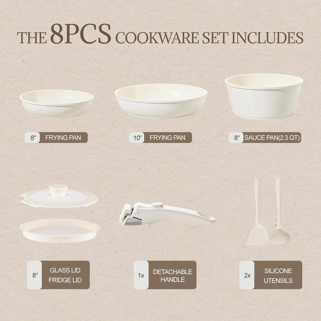 Ceramic Cookware Set Non Stick 8Pcs Pots and Pans Set Detachable Handle Induction Kitchen Cooking Set with Frying Pans Oven Dishwasher Safe, PFAS/PFOA Free, Cream White