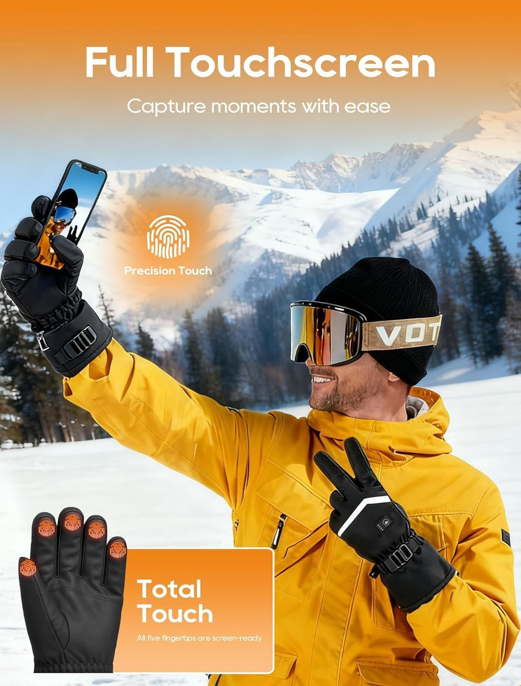 Heated Gloves, Rechargeable Heated Gloves for Men Women, Waterproof Electric Heating Ski with Touchscreen for Cold Weather Motorcycle Skiing Snowboarding Hiking Hunting Gifts