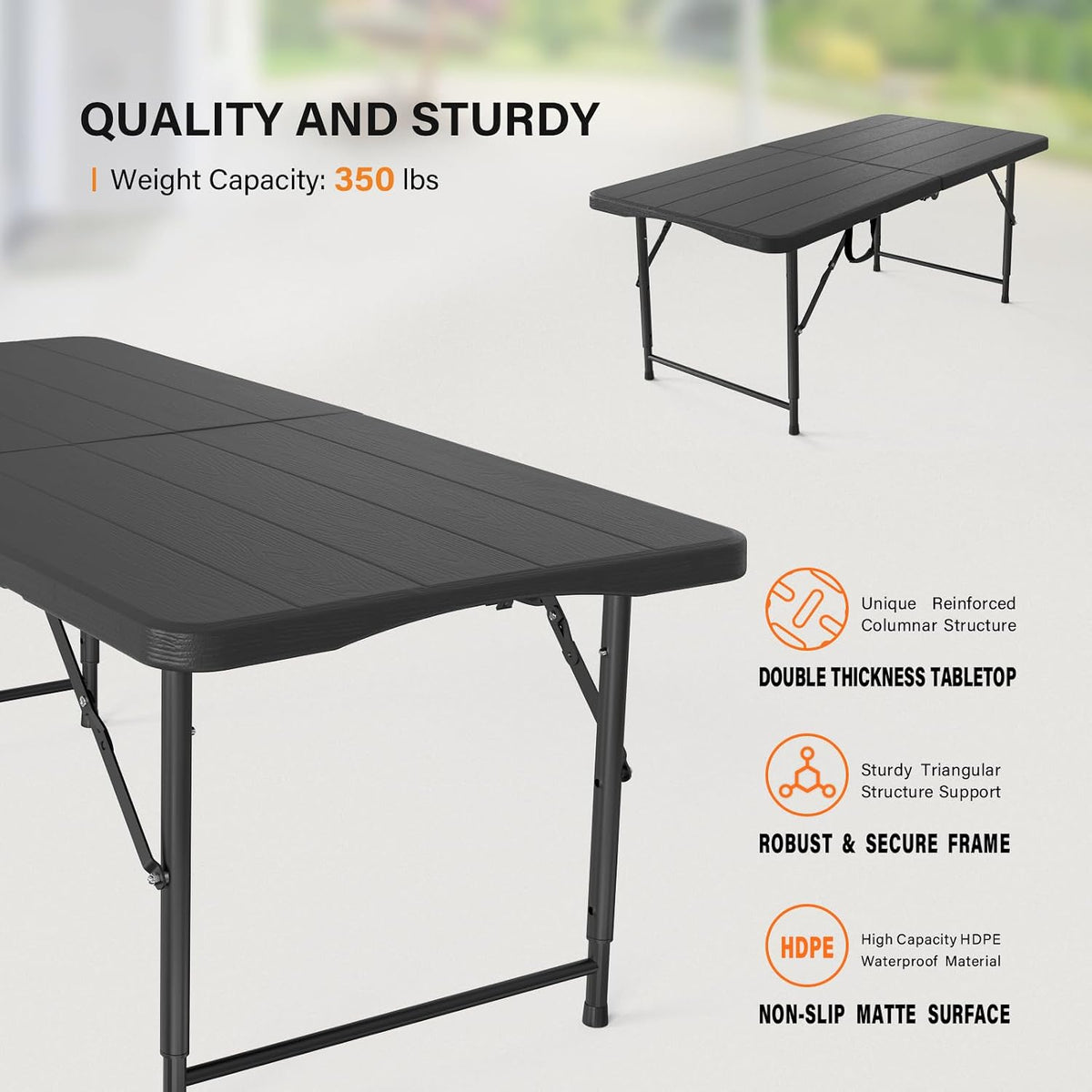 VINGLI 4 FT Plastic Folding Camping Table,3-Level Adjustable Height, Portable in/Outdoor Party Picnic Dining Desk,Off-White Garden Soccer Multipurpose Entertaining Activities, Black