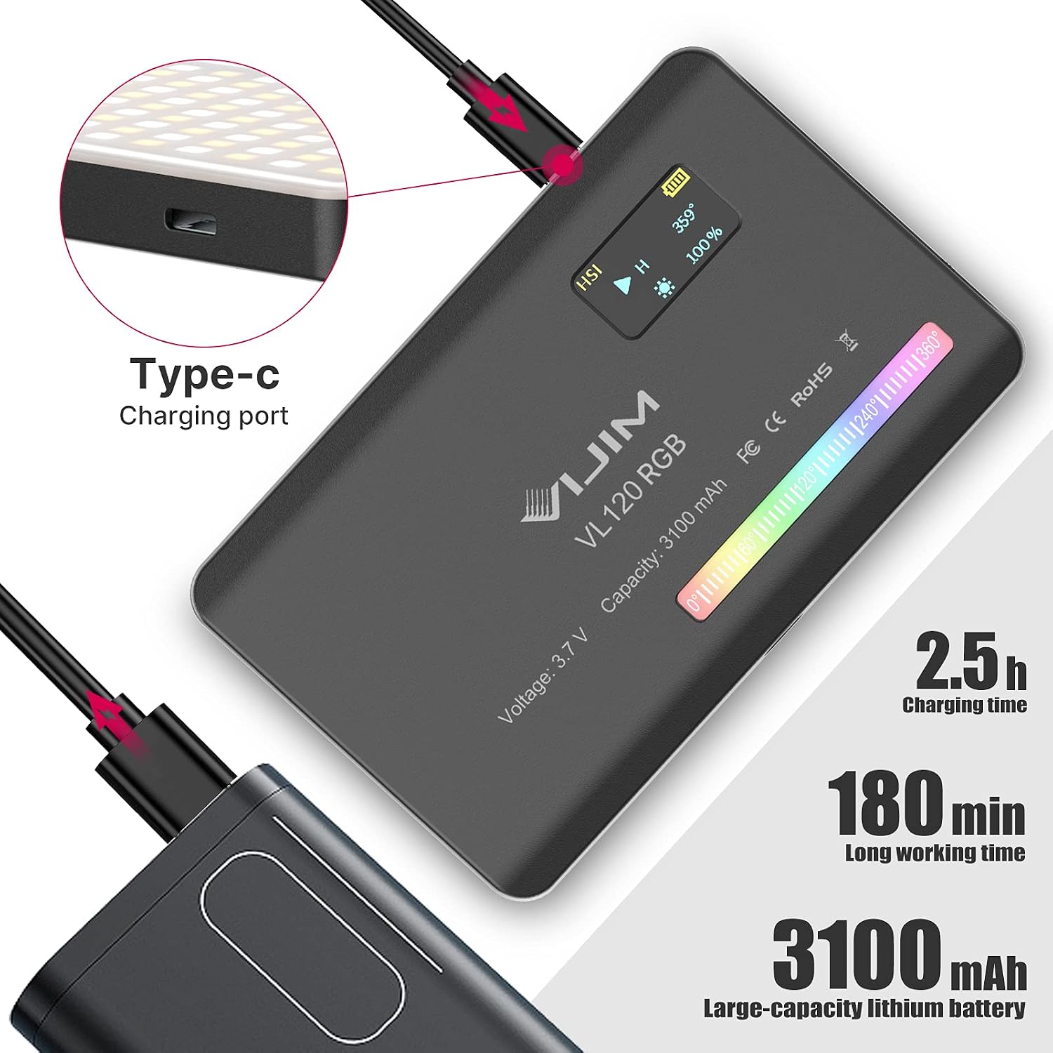VIJIM VL120 RGB Video Light Portable LED Camera Light Panel 0-360Full Color