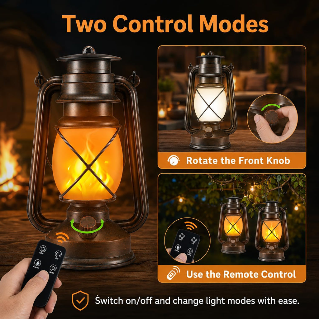 Outdoor Lanterns Waterproof Hanging Vintage LED Camping Lamps with Dancing Flame Non-Solar Remote Control Light Landscape Decor for Table Patio Garden Yard Pathway Porch 2Pack (3AA Batteries Power)