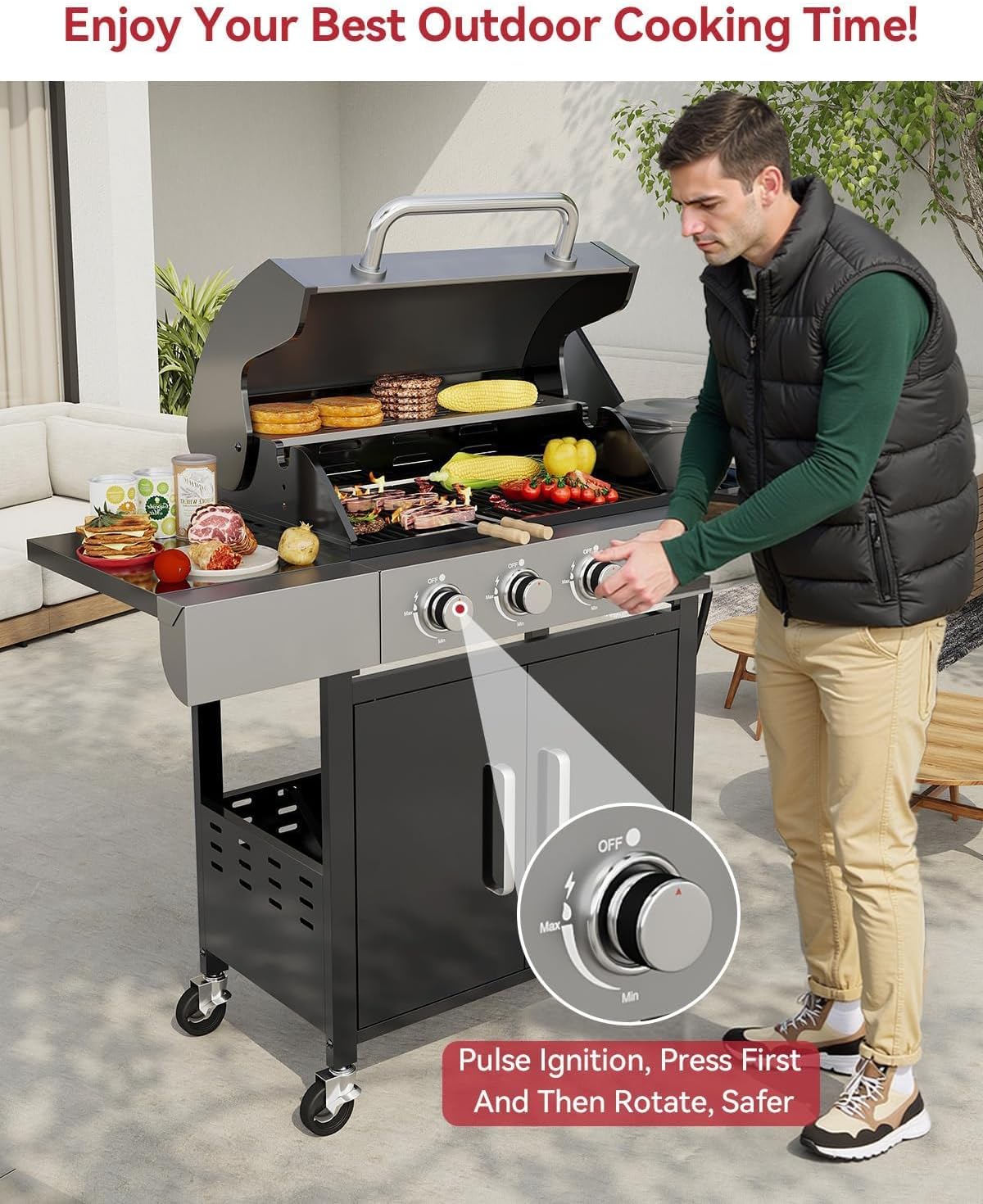 Aoxun 4-Burner 49000 BTU Propane Grill with Side Burner, Black
