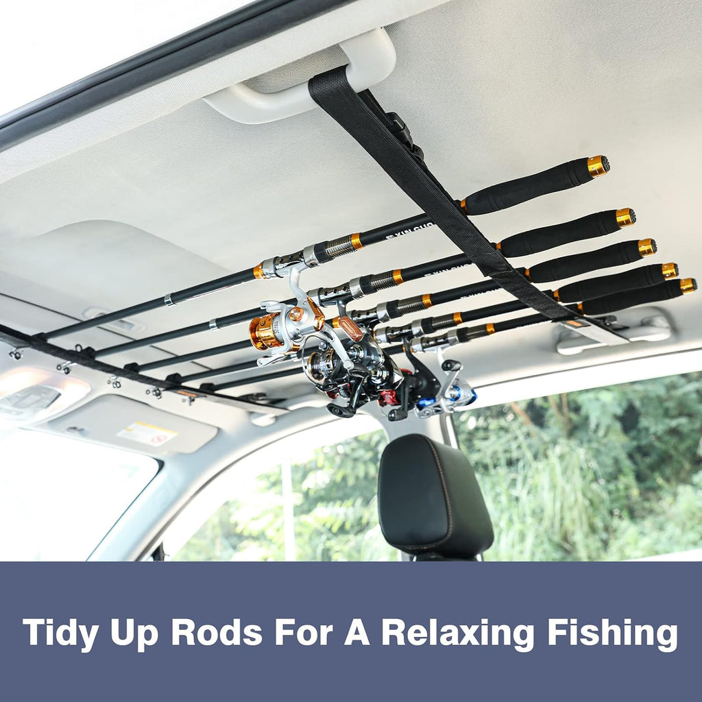 Roylvan 2 Pack Vehicle Fishing Rod Holder - Fishing Pole Car Rack 5 Rods Capacity, Adjustable 30 to 54 Inches Horizontal Roof Storage Carrier Belt for SUV, Truck and Van, Black