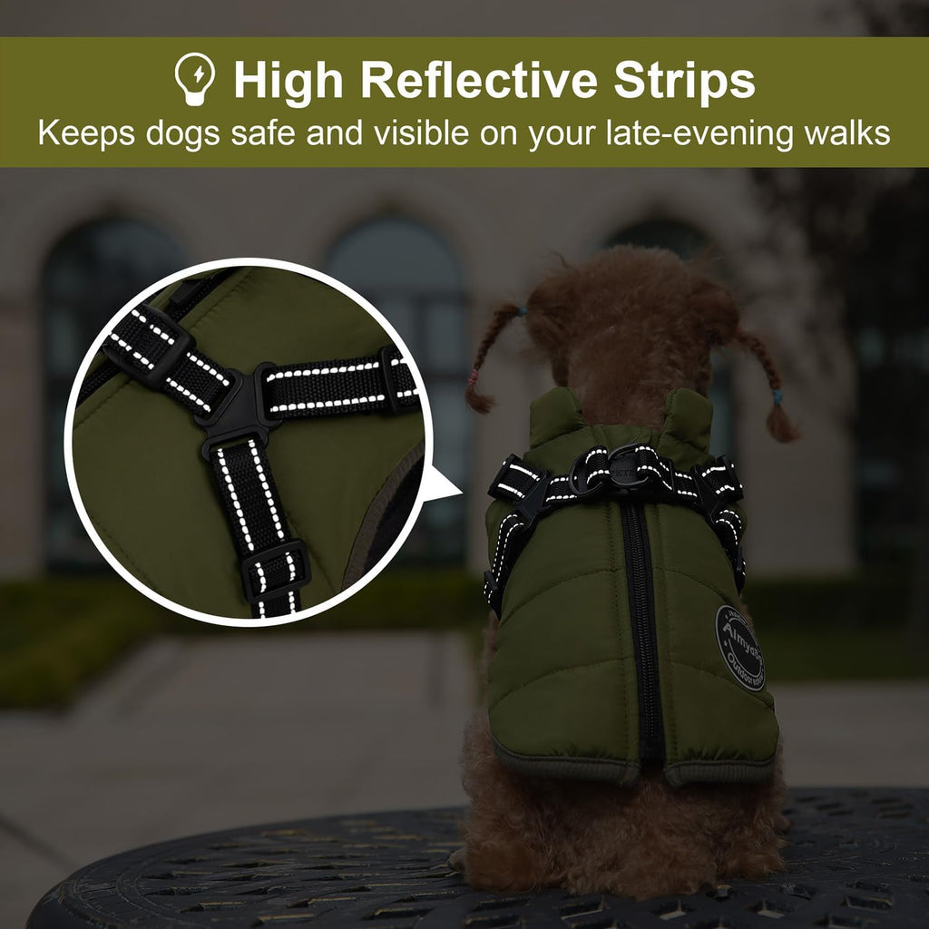 Warm Dog Winter Coat, Dog Cold Weather Jacket with Built-in Harness, Reflective & Adjustable Comfortable Pet Vest, Windproof Apparel for Small Medium Large Dogs (Green)